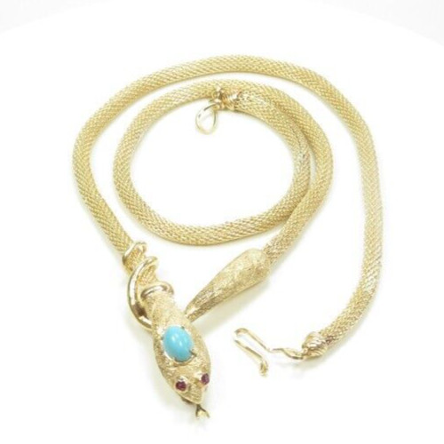 Antique Art Deco 1920’s Turquoise Snake Necklace 13K Yellow Gold 21″ 35.6 Grams
