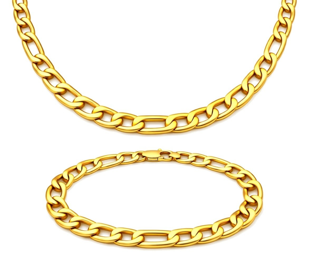 Italian 1/200 14k Yellow Gold Overlay Figaro Link Chain Necklace Bracelet Set
