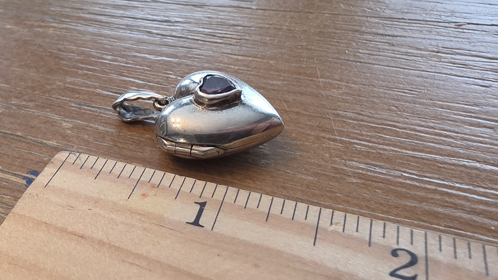 Sterling Silver .925 Puffy Heart Locket Pendant With Amethyst Stone