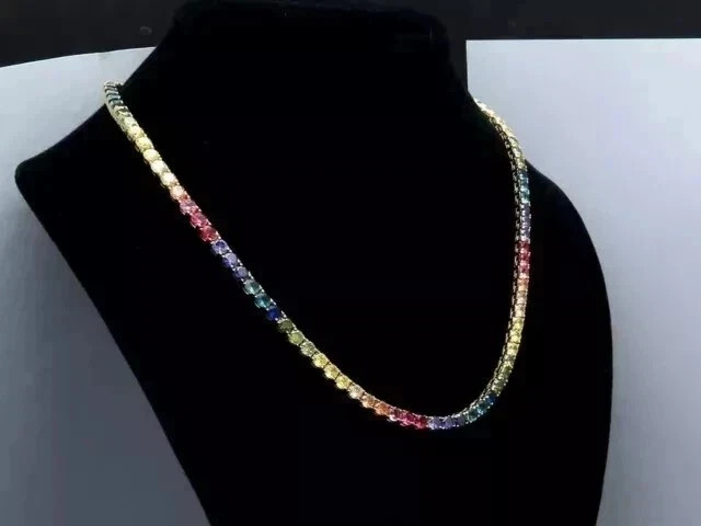 18CT Round Cut Lab Created Rainbow Sapphire 18″ Tennis Necklace 14k Gold Finish
