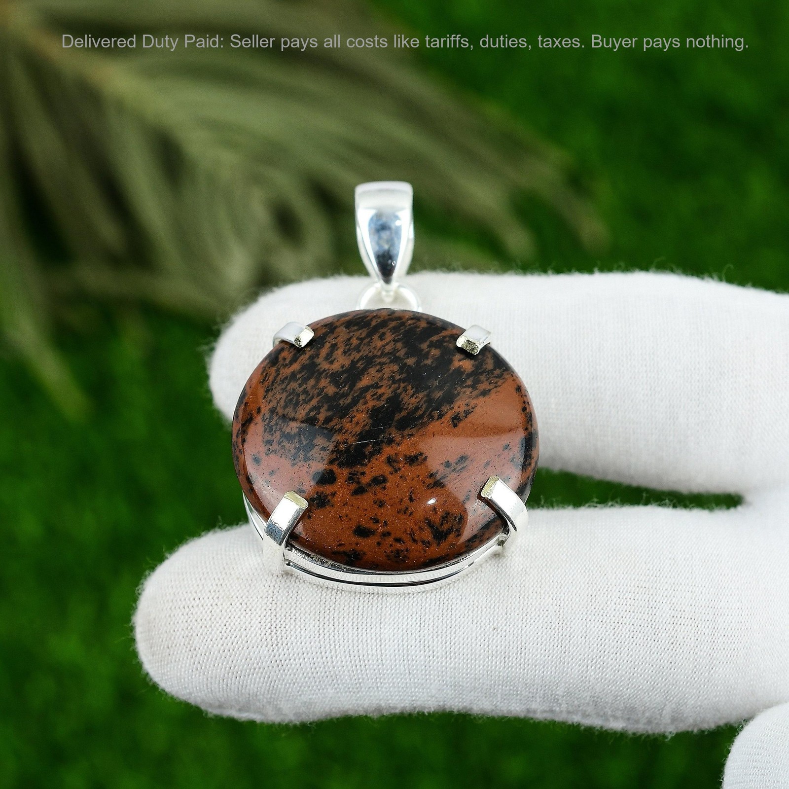 Sterling Silver Round Mahogany Obsidian Stone Anniversary Birthday Bezel Pendant