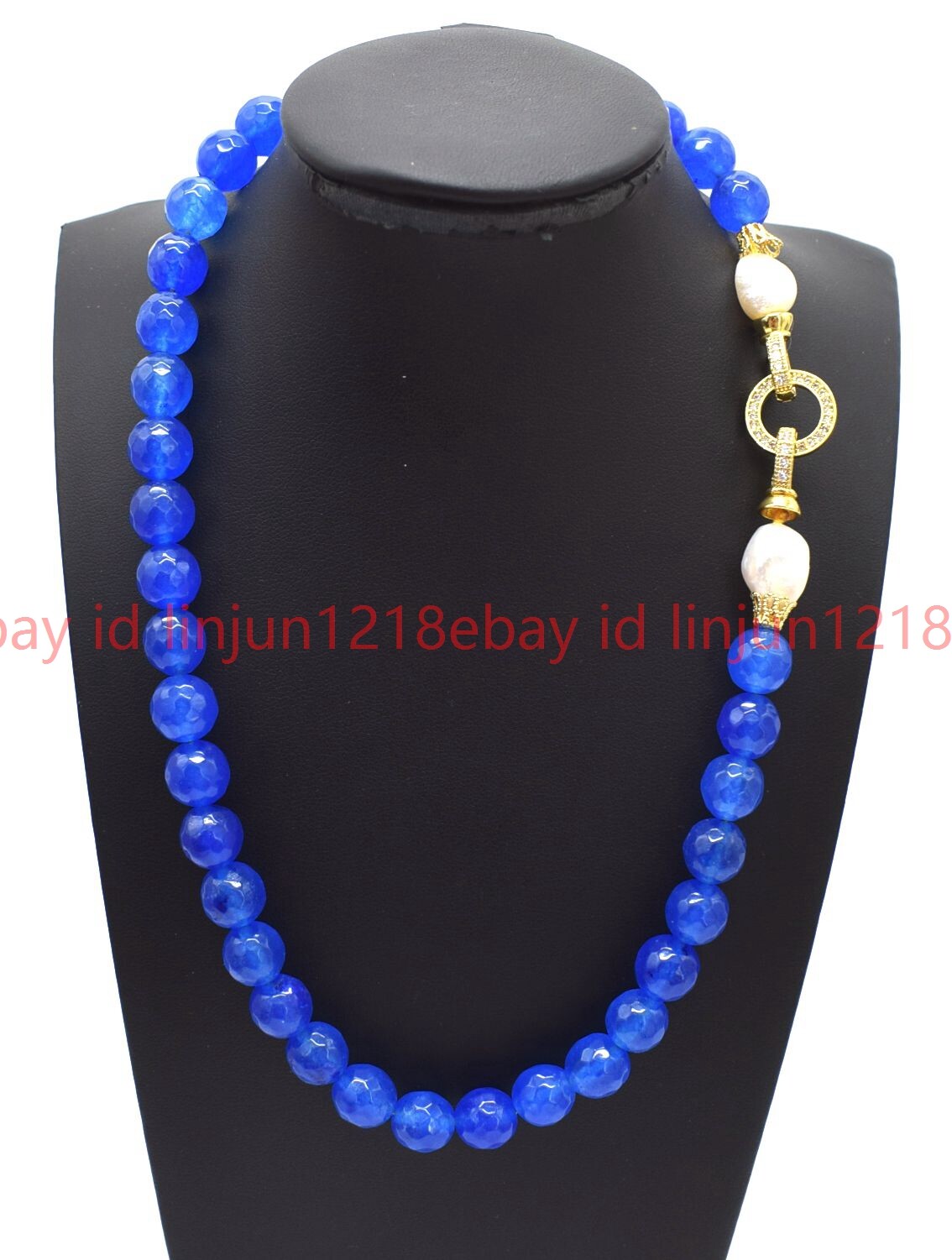 Natural 10mm Faceted Blue Jade Round Gemstone Beads White Pearl Necklace 16-32in