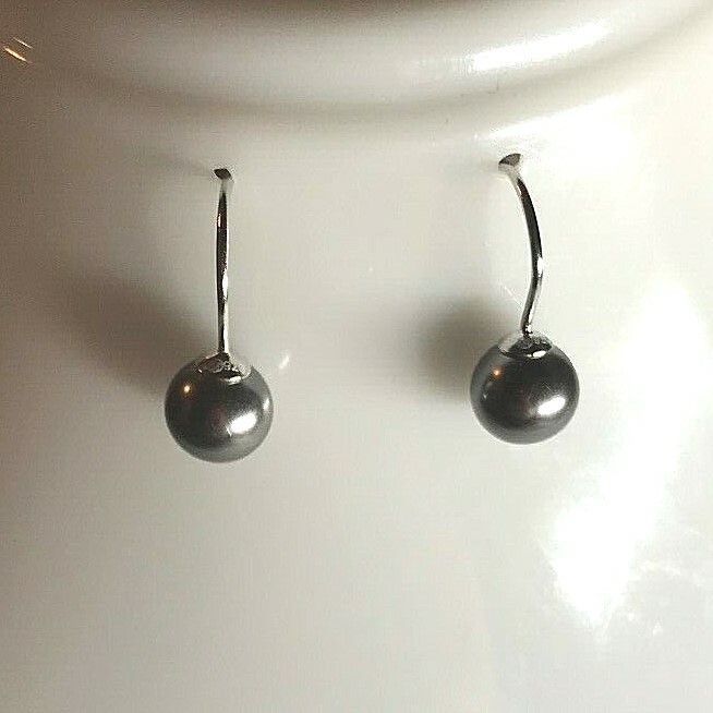 Women’s .925 S.Silver Rhodium Plated 8mm Black Pearl Hanging Hook Earrings