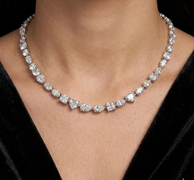 15CT Multi Cut Tennis Necklace Real Moissani 14K White Gold Plated Silver