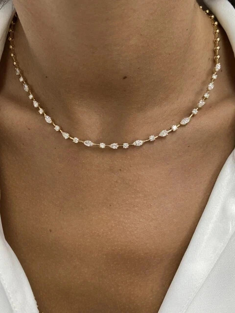 5 CT Pear Cut White Moissanite Women’s Tennis Necklace 14K Yellow Gold Plated