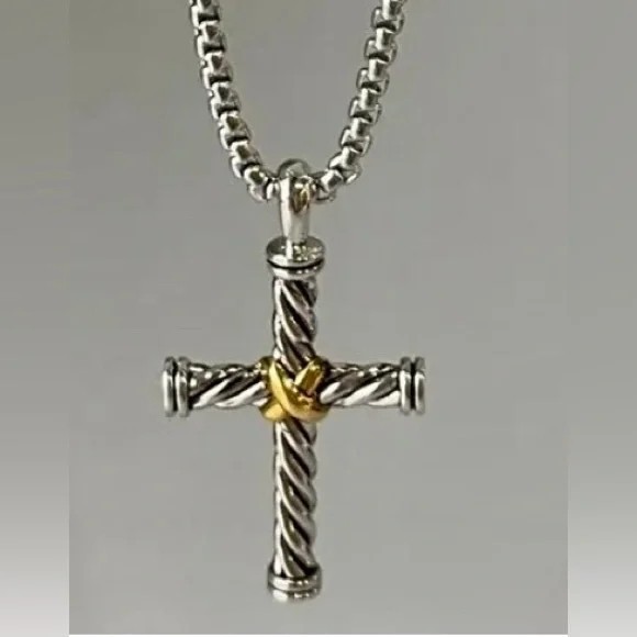 David Yurman Sterling Silver + 14k Gold Cross Pendant, DY 18-20” Necklace