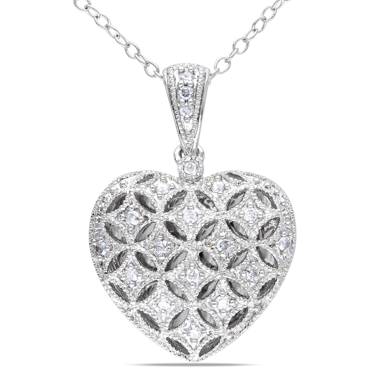 Amour Silver 1/6CT TDW Diamond Heart Locket Pendant with Chain, 18″