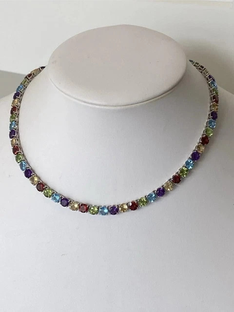 Multi Gemstone Lab Created Round Tennis Necklace 14k White Gold Plated 16″