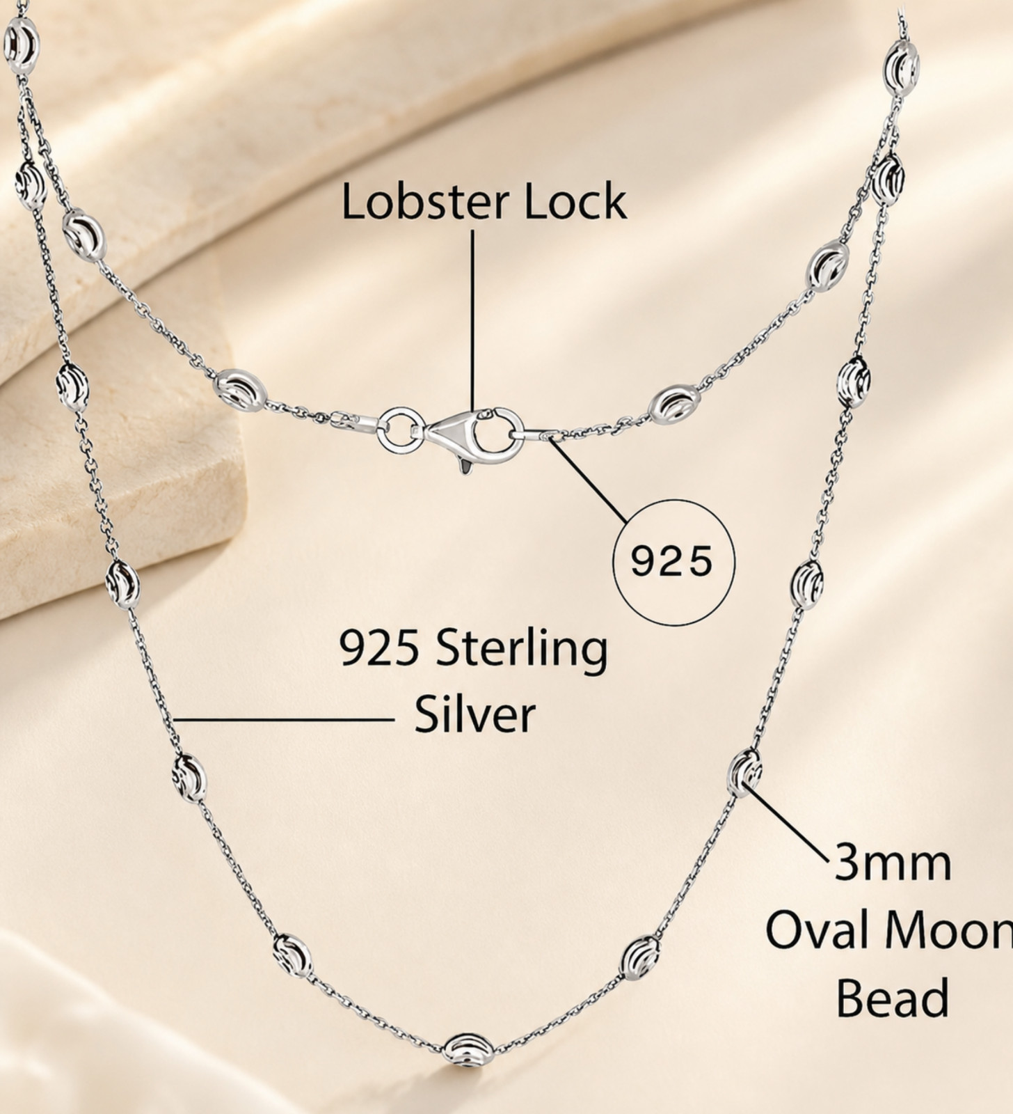 Moon Bead Station Necklace 925 Solid Sterling Silver 3mm Diamond Cut Chain 18 In