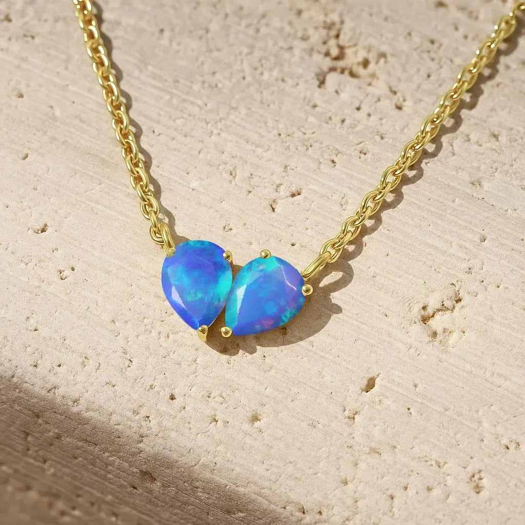 Natural Blue Opal Dual Pear Gemstone Necklace, Multifire Opal Gold Chain Pendant