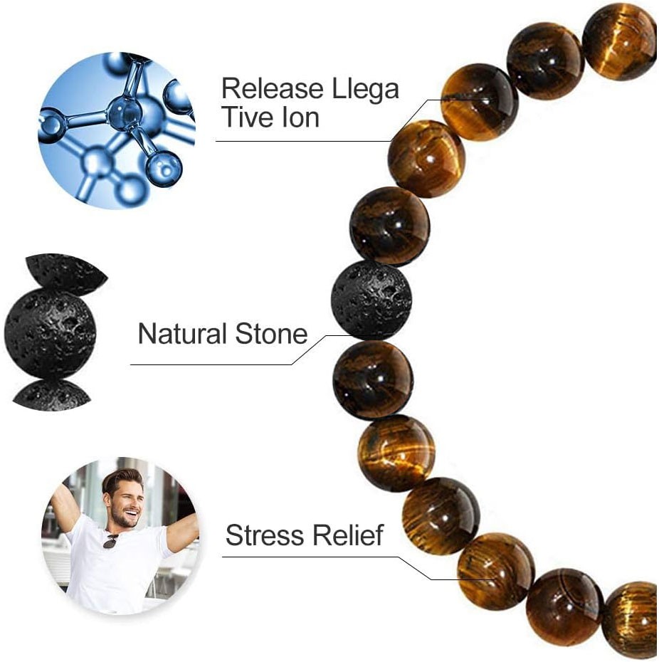 2PCS 8mm Triple Bracelets Adjustable Natural Tiger Eye Lava Rock Beaded Bracelet