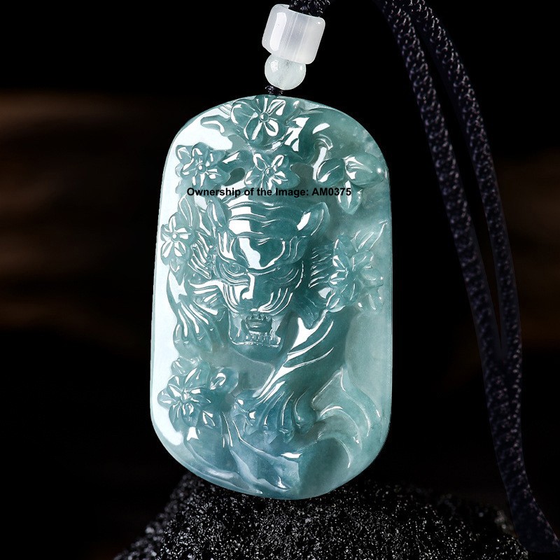 Natural Grade A Jadeite ICY Blue Jade Tiger Pendant Hand-Carved Fine Jewelry