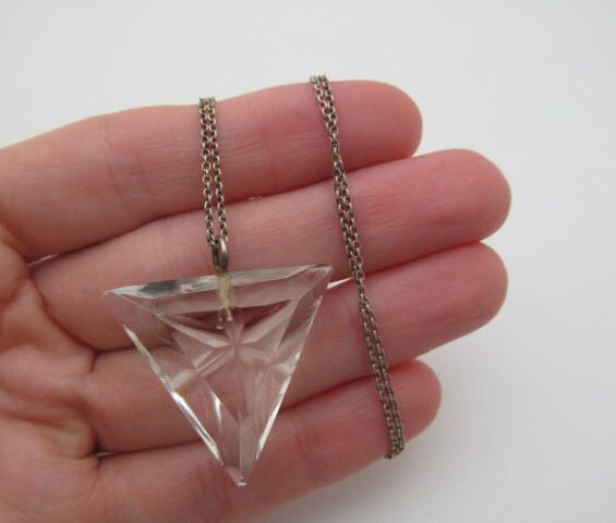 925 Sterling Silver Triangle Clear Star Carved Glass Pendant Oval Chain Necklace