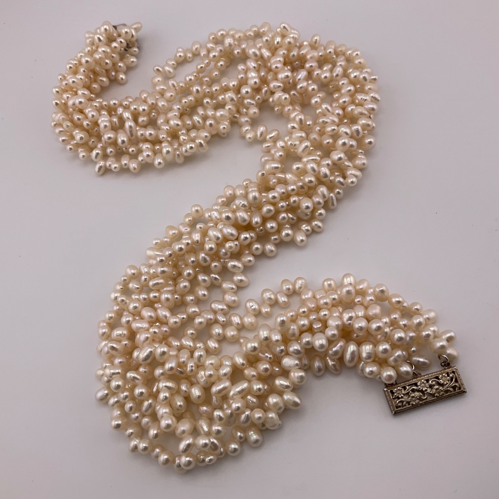 Vtg Freshwater Pearl Multi Strand Necklace 925 Gold Vermeil Filigree Clasp 18.5”