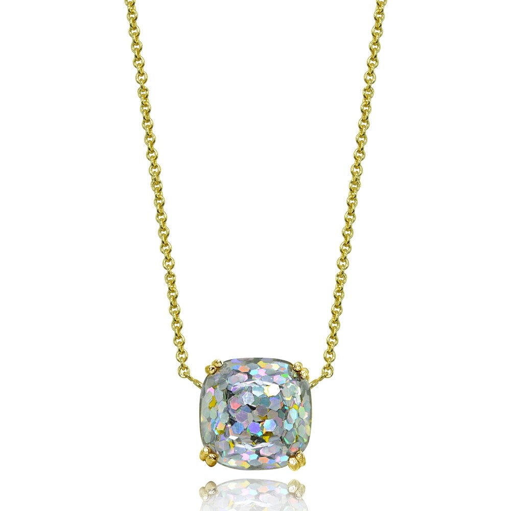 10mm Cushion-Cut White Glitter Gold Plated Sterling Silver Dainty Necklace