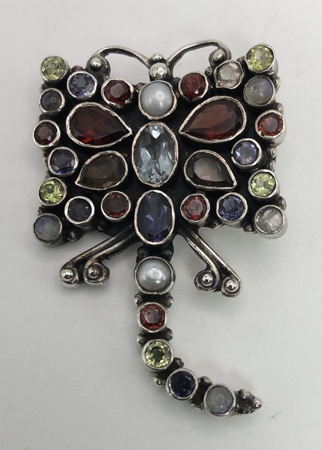 Dragonfly Multiple Gemstone 925 Pendant Garnet Aquamarine Peridot And Moonstone