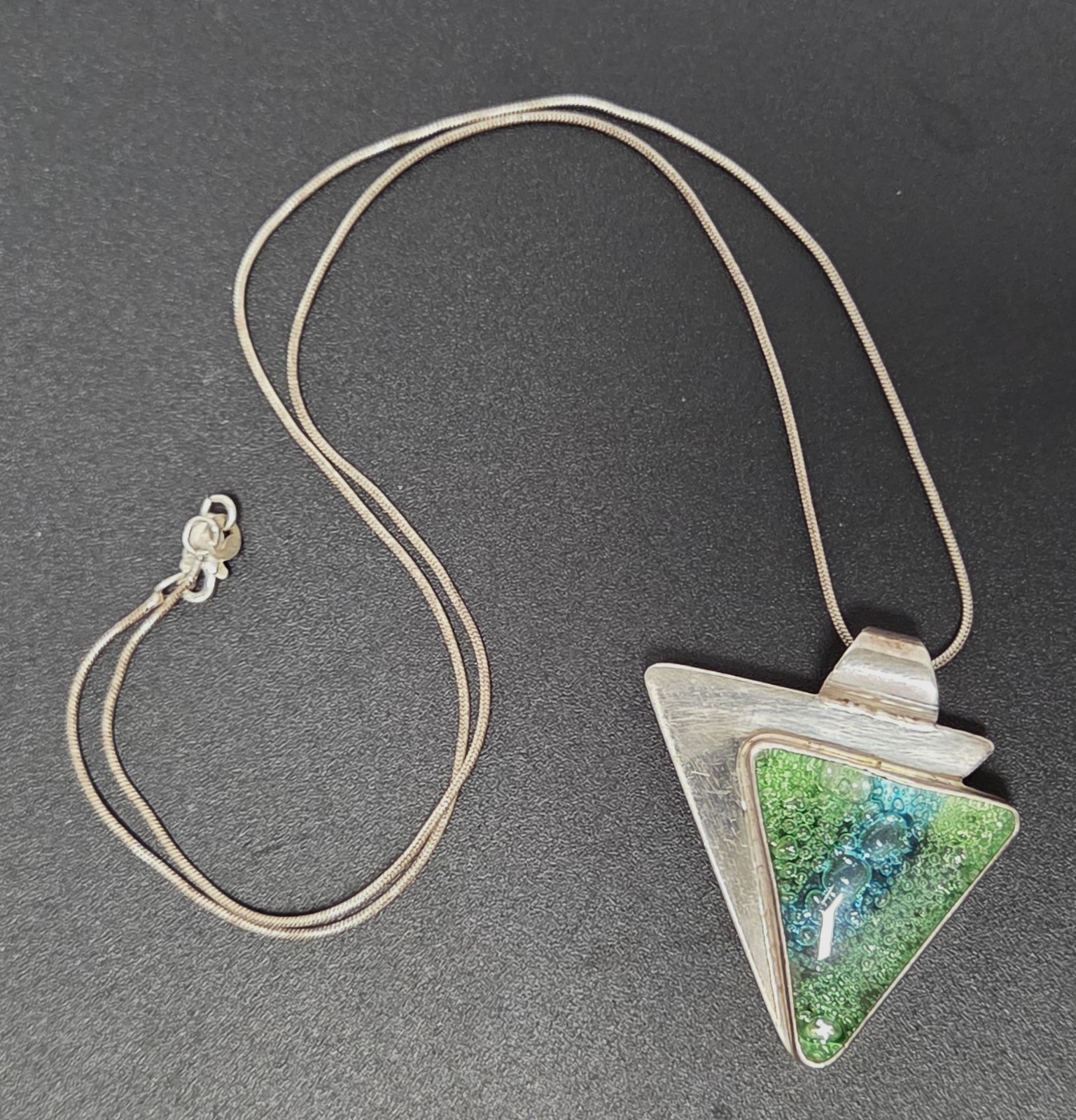 Dichroic Glass Sterling Silver Triangle Pendant Necklace 18″ Green Blue Bubbles