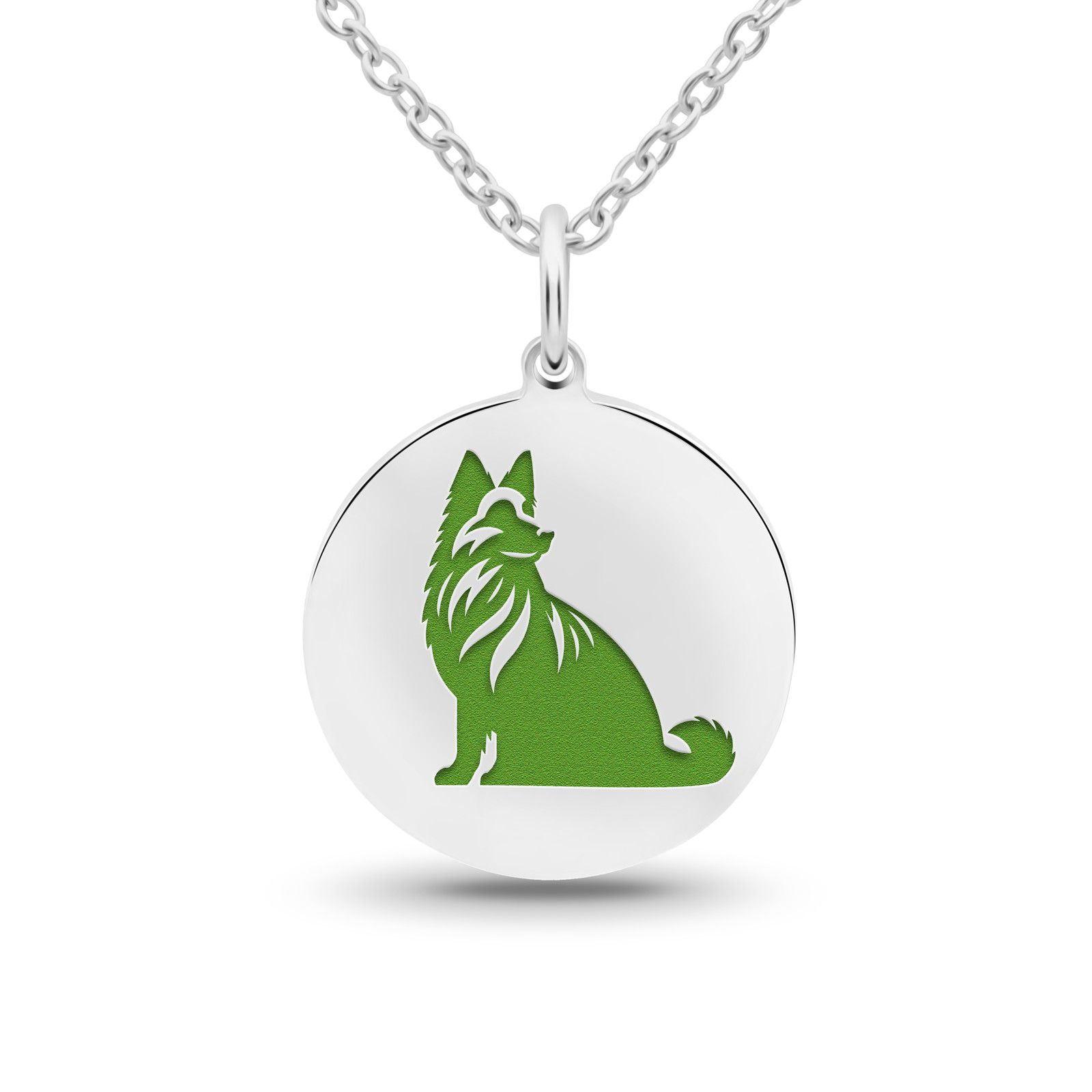 Tokemoti 925 Sterling Silver German Shepherd Lime Green Enamel Pendant Necklace