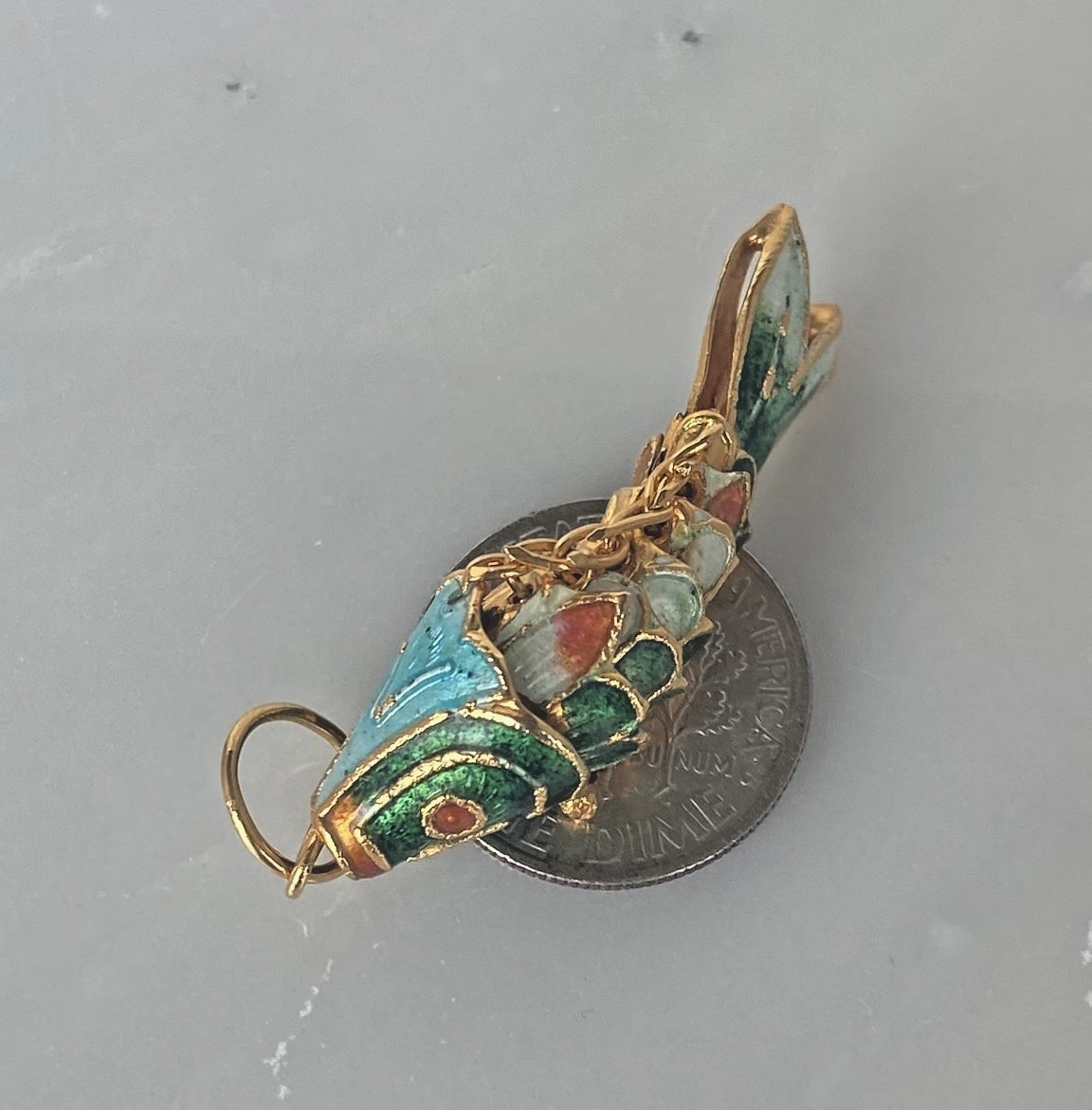 Vintage Cloisonne Enamel Fish Pendant Gold Tone Articulated Shades of Green