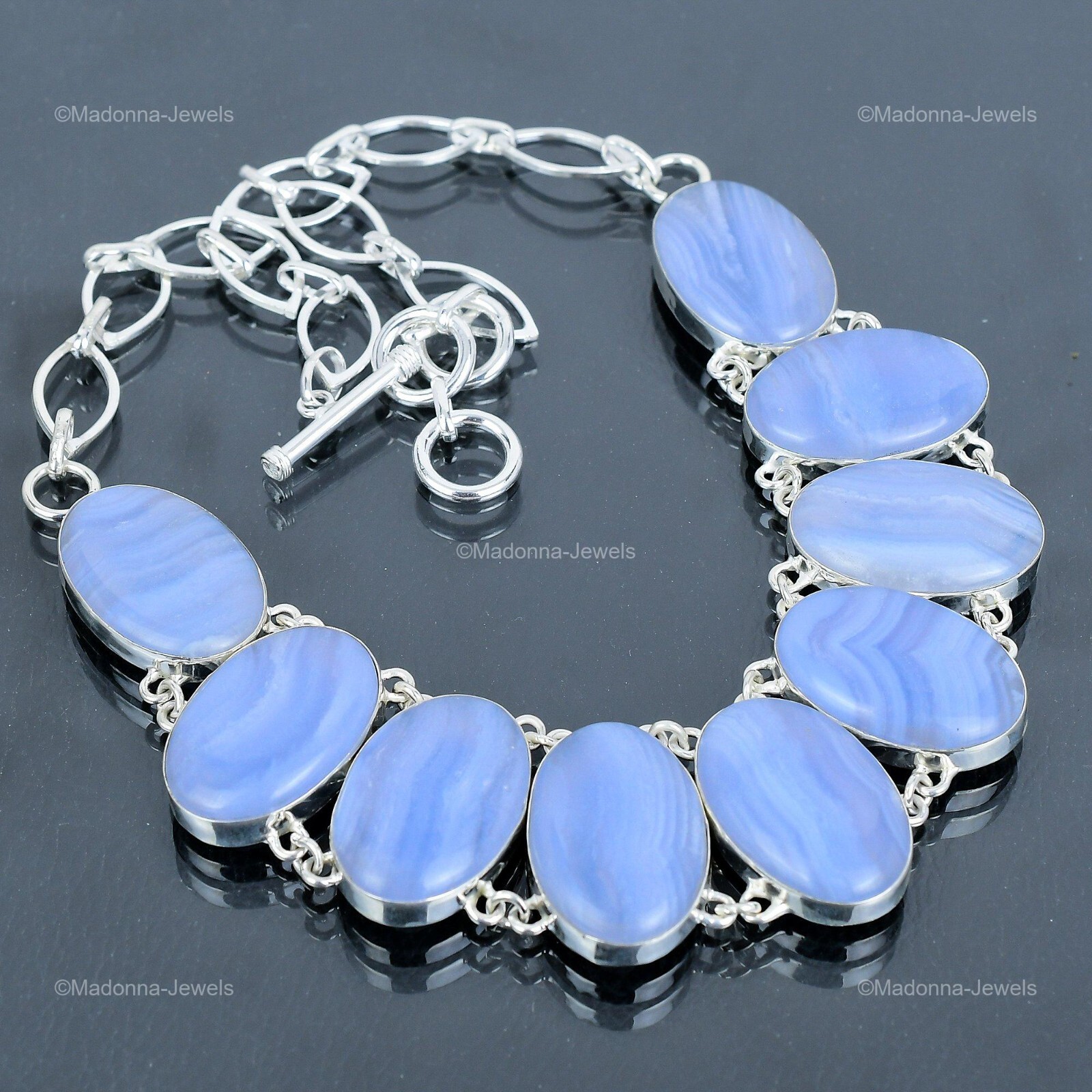 Valentines Sale Blue Lace Agate Stone Bezel Chain Necklace 925 Sterling Silver