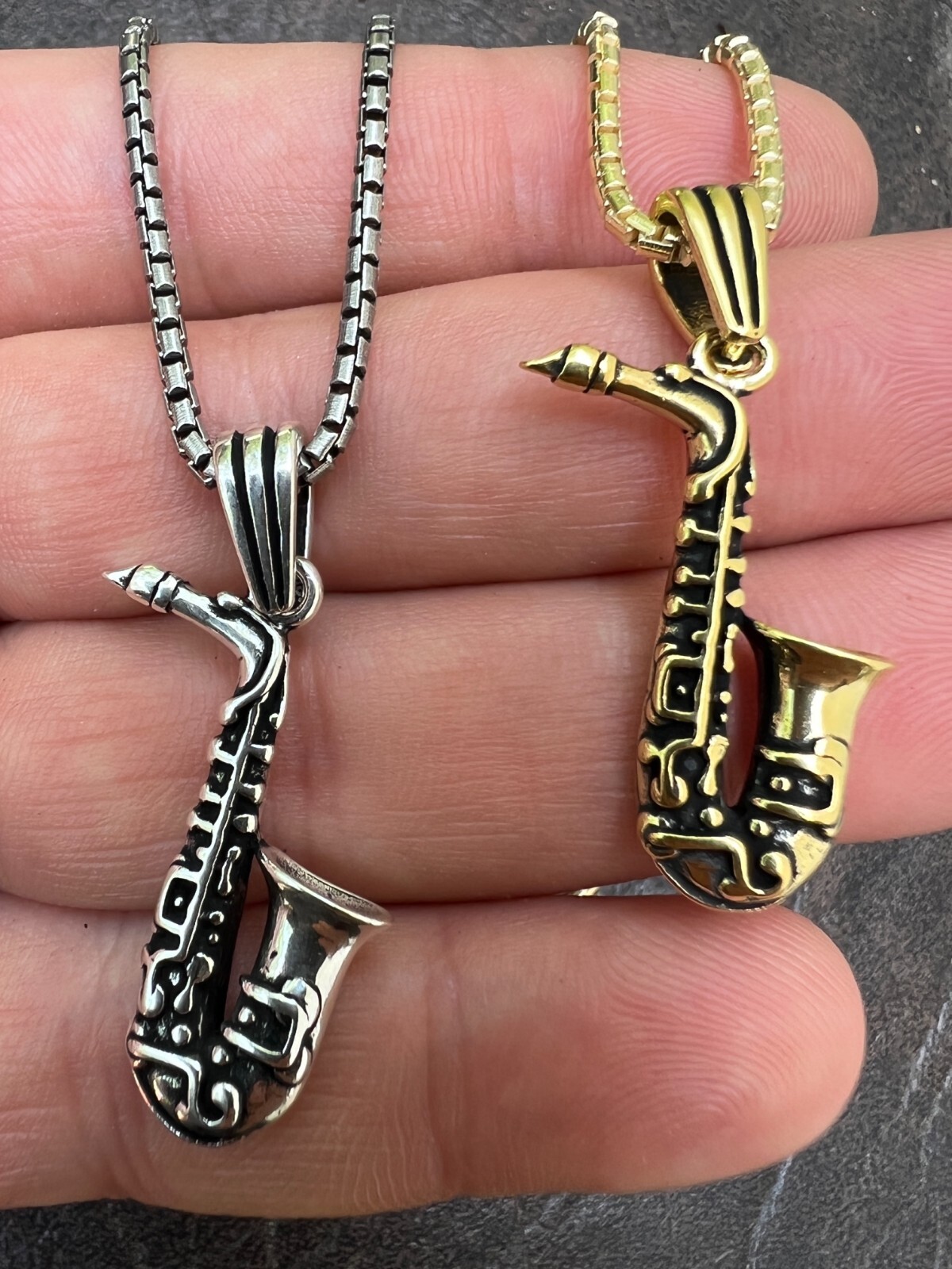Real 925 Silver / 14k Gold Plated Jazz Saxophone Musical Pendant Necklace Charm