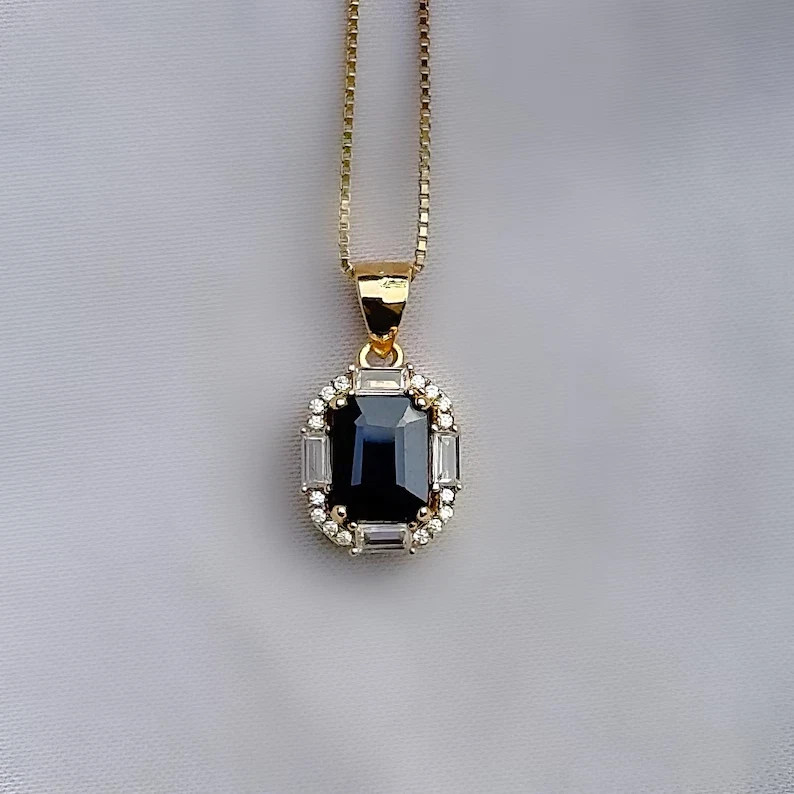 3Ct Emerald Cut Lab Created Sapphire & Diamond Halo Pendant 14K Yellow Gold Over