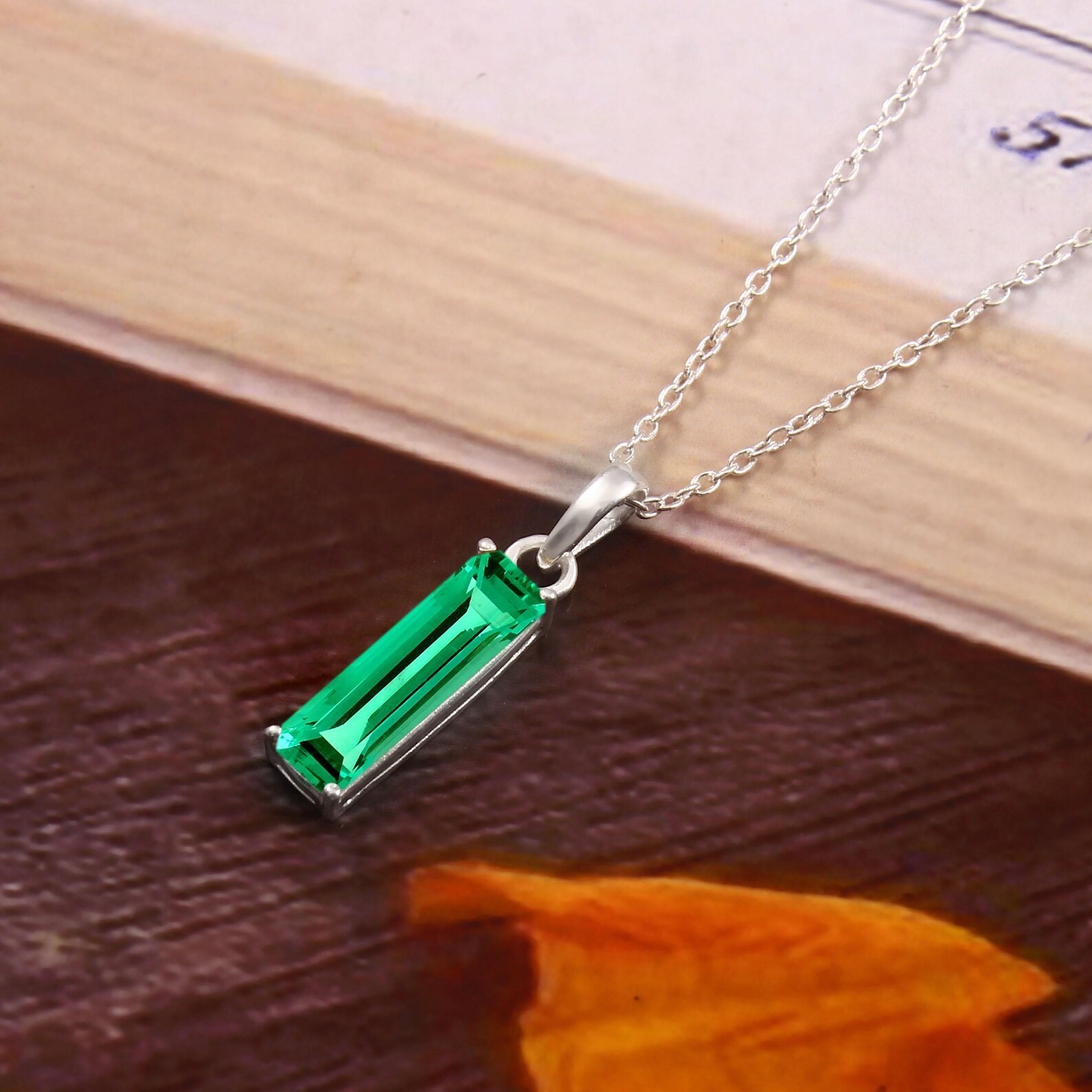 Emerald Baguette Cut Pendant Sterling Silver Necklace For man Women