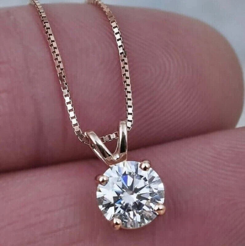 Solitaire Pendant 2Ct Round Cut Lab Created Diamond 14K Rose Gold Plated