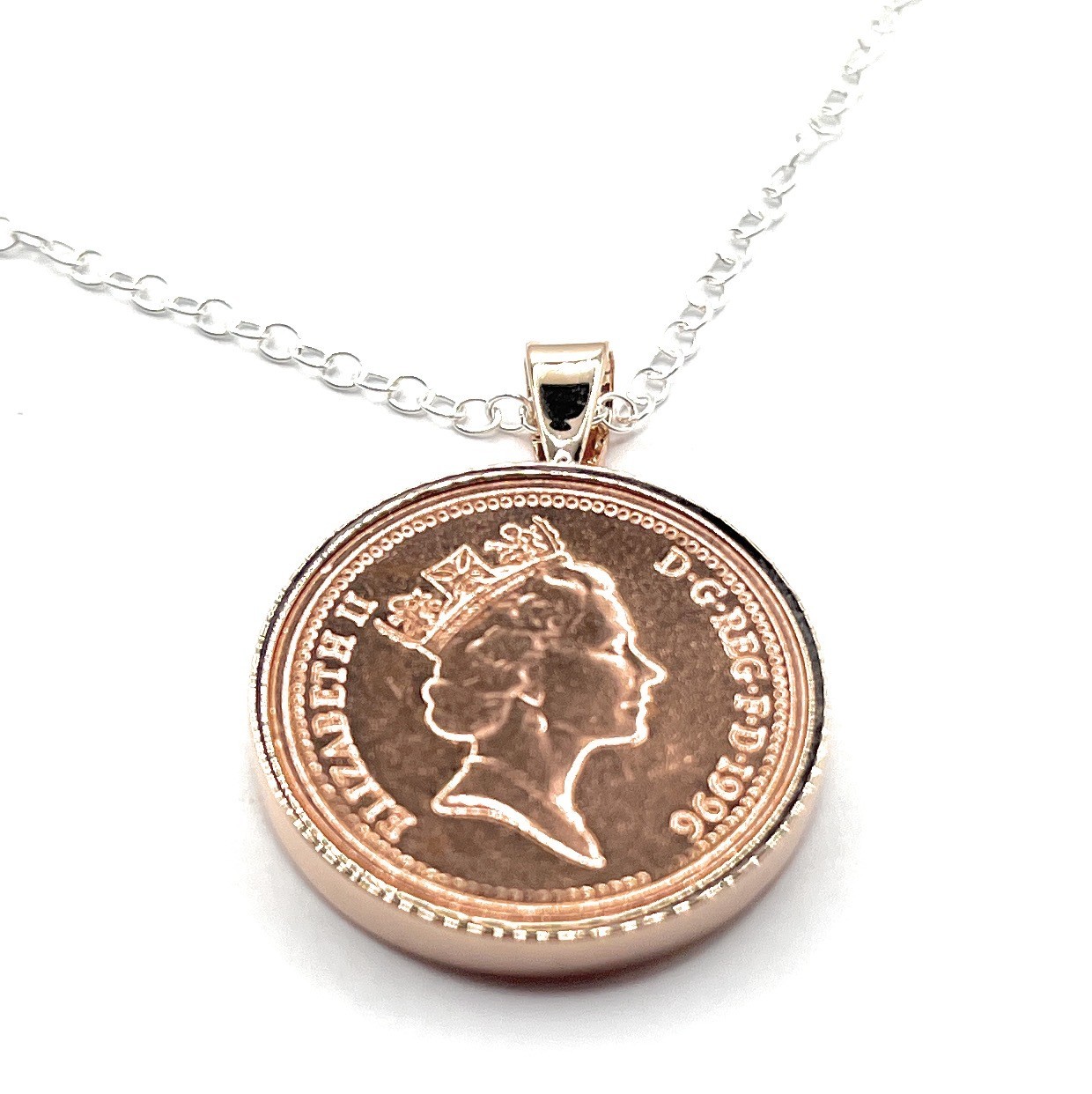 1996 30th Birthday Anniversary One pence Solid pendant Rose Gold Plated Mount