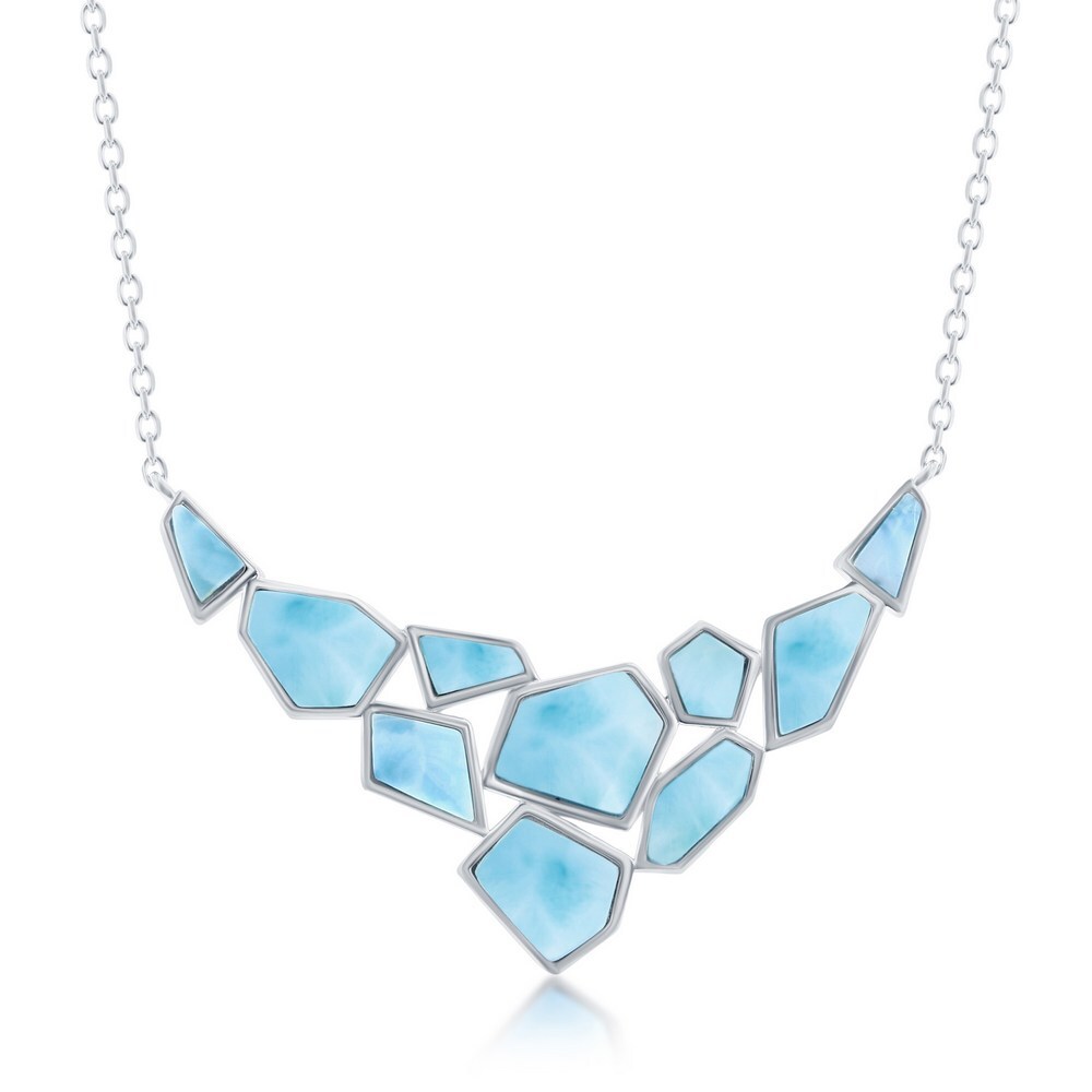 Sterling Silver Large Hexagon & Small Multi-Shaped Larimar Necklace 18″