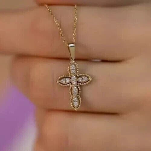 1Ct Moissanite Cross Pendant Necklace With 18″ Chain 14K Yellow Gold Plated