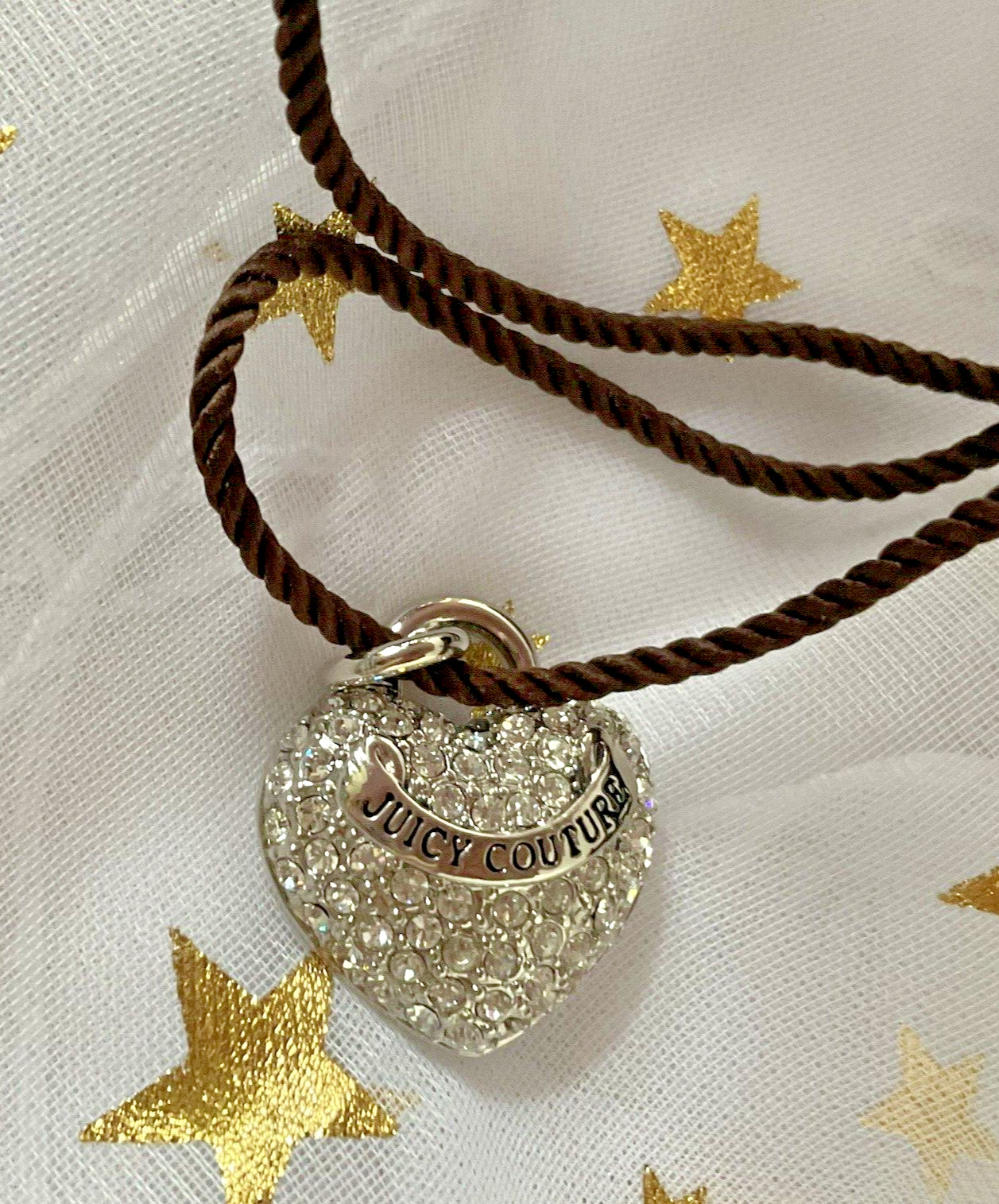 Juicy Couture Heart Pendant Necklace Brown Braided 14″ Rope Cord Pave Rhinestone
