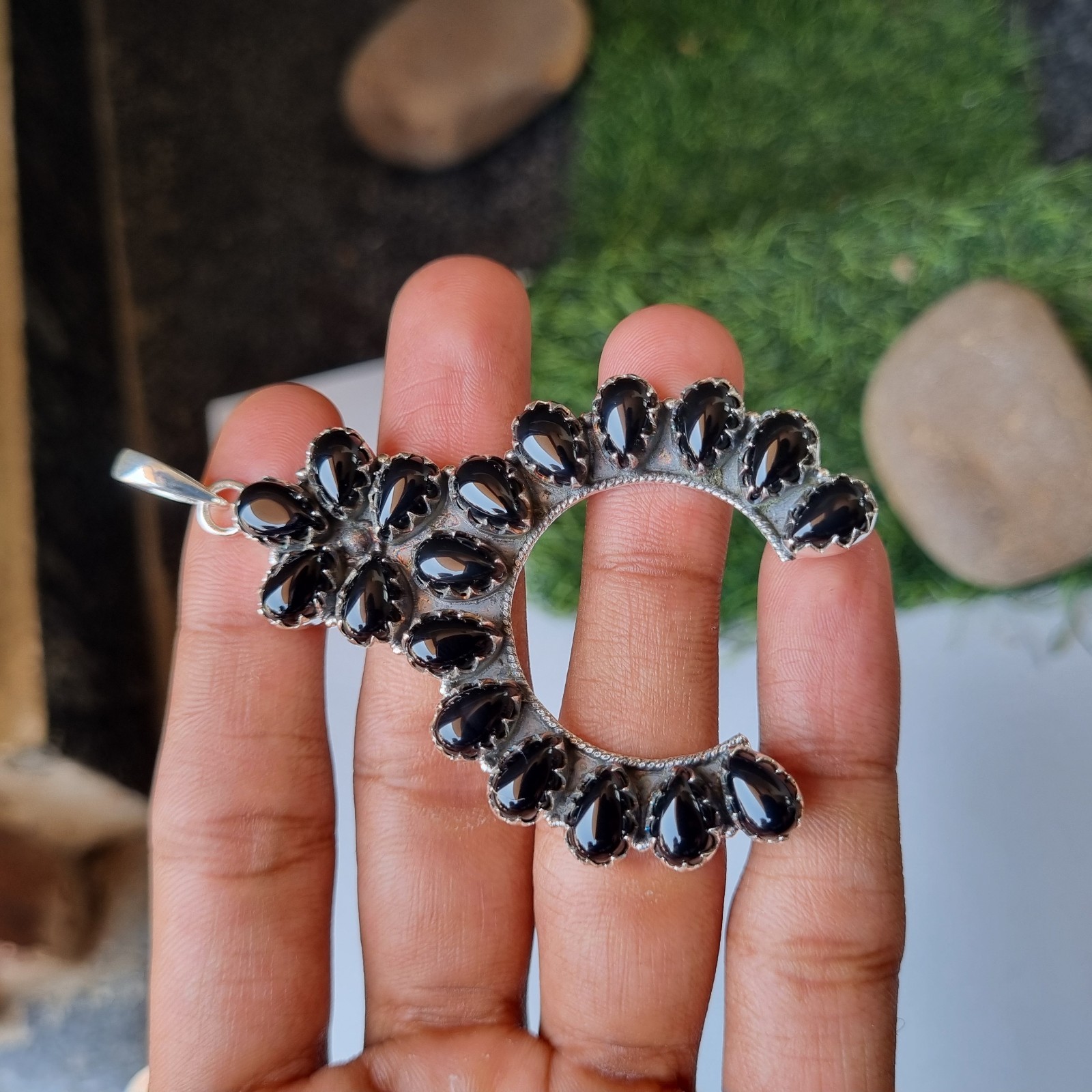 Large Black Onyx Gemstone Pendant 925 Sterling Silver Beautiful Gift her BT107