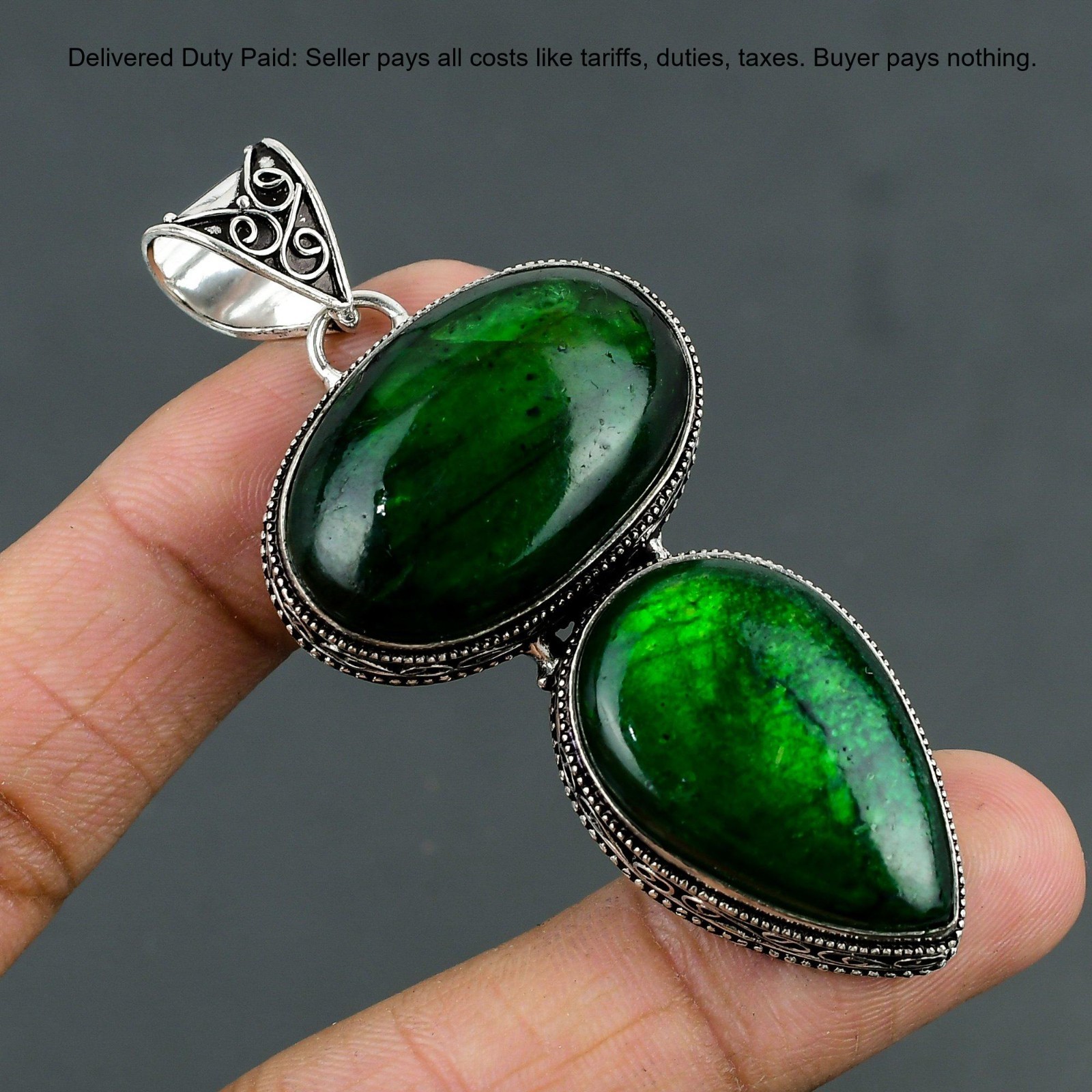 925 Sterling Silver Green Fire Labradorite Stone Wedding Vintage Pendant Jewelry