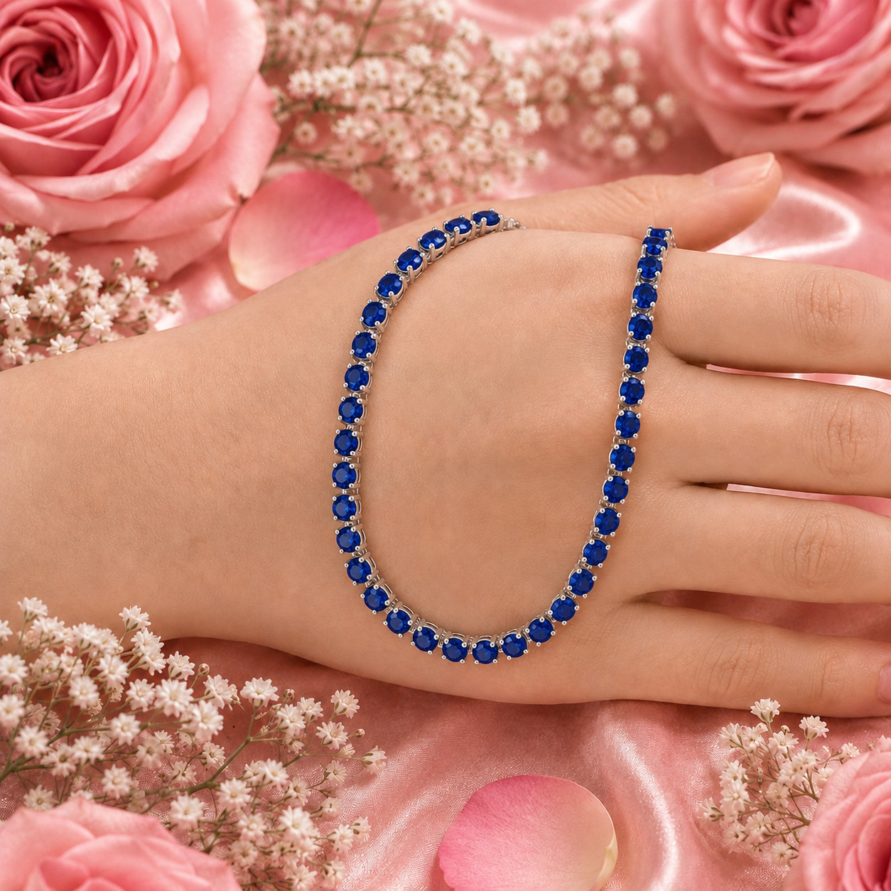 6mm Round LabCreated Blue Sapphire Tennis Necklace SZ 18″ 14K White Gold Plated