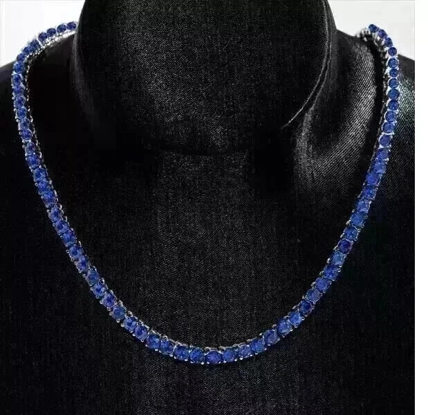 12Ct Lab Created Round Blue Tanzanite Tennis Necklace 14K White Gold Plated 16′