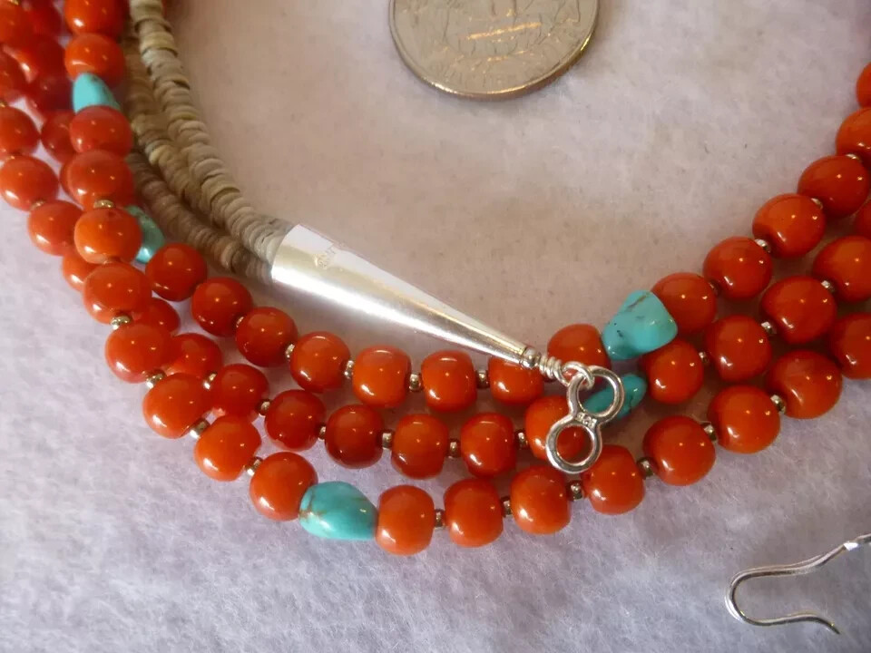Coral/Turquoise Nuggets Native American Southwestern 925 Multi strand Necklace