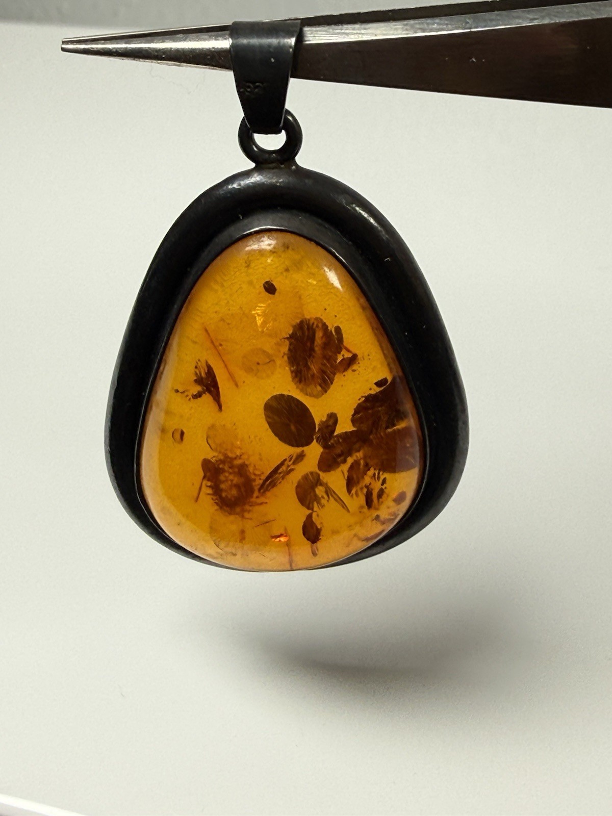 Orange Amber Cabochon Sterling Silver Asymmetrical 2”Pendant 925