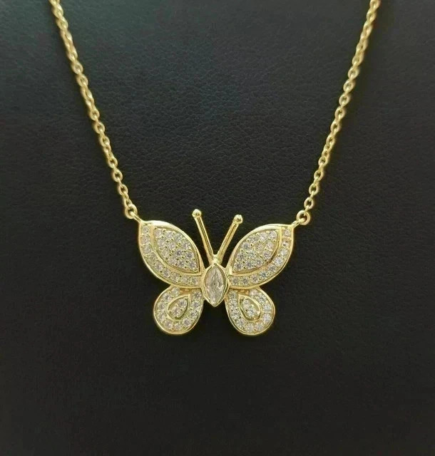 2Ct Round Lab Created Diamond Butterfly Pendant 14K YellowGold Plated Free Chain