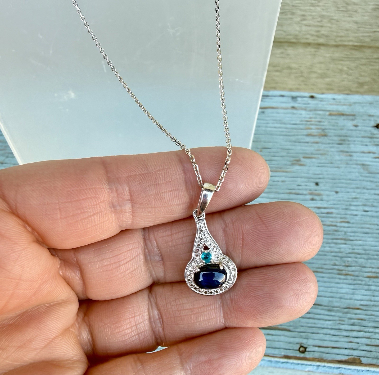 Signed STS 925 Sterling Silver Blue Star Sapphire & Apatite Pendant Necklace 18”