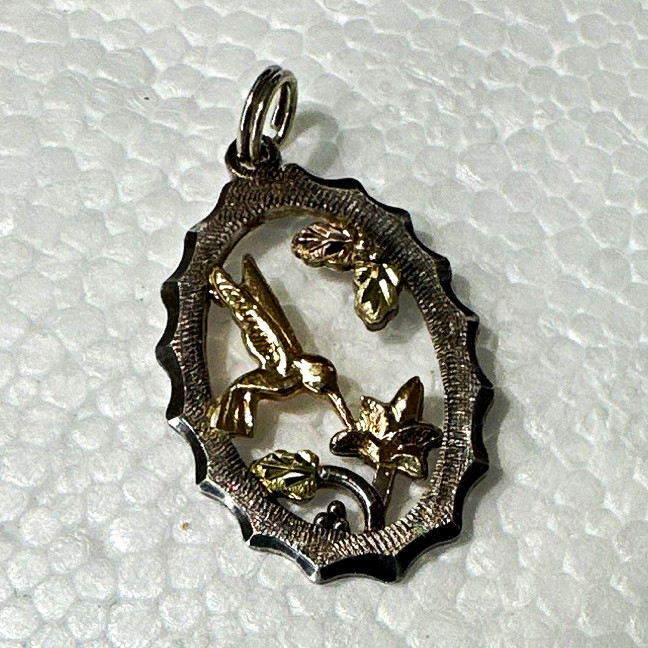 925 Sterling Silver Oval 12K Hummingbird Charm Pendant Two-Tone Gold Accents