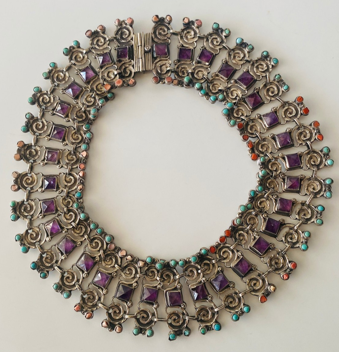 Matl Style, Mexico Morales Vintage Silver 925 Amethyst Turquoise Collar Necklace