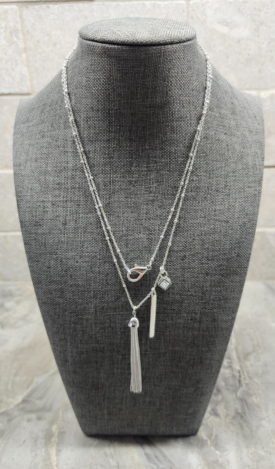 Silver Beaded Ball Charm Necklace w/ Lobster Clasp, 32 in. **USED**