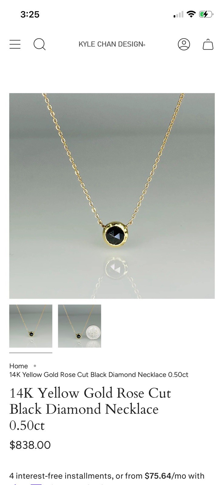 $838 14K Yellow Gold Rose Cut Black Diamond Necklace 0.50ct