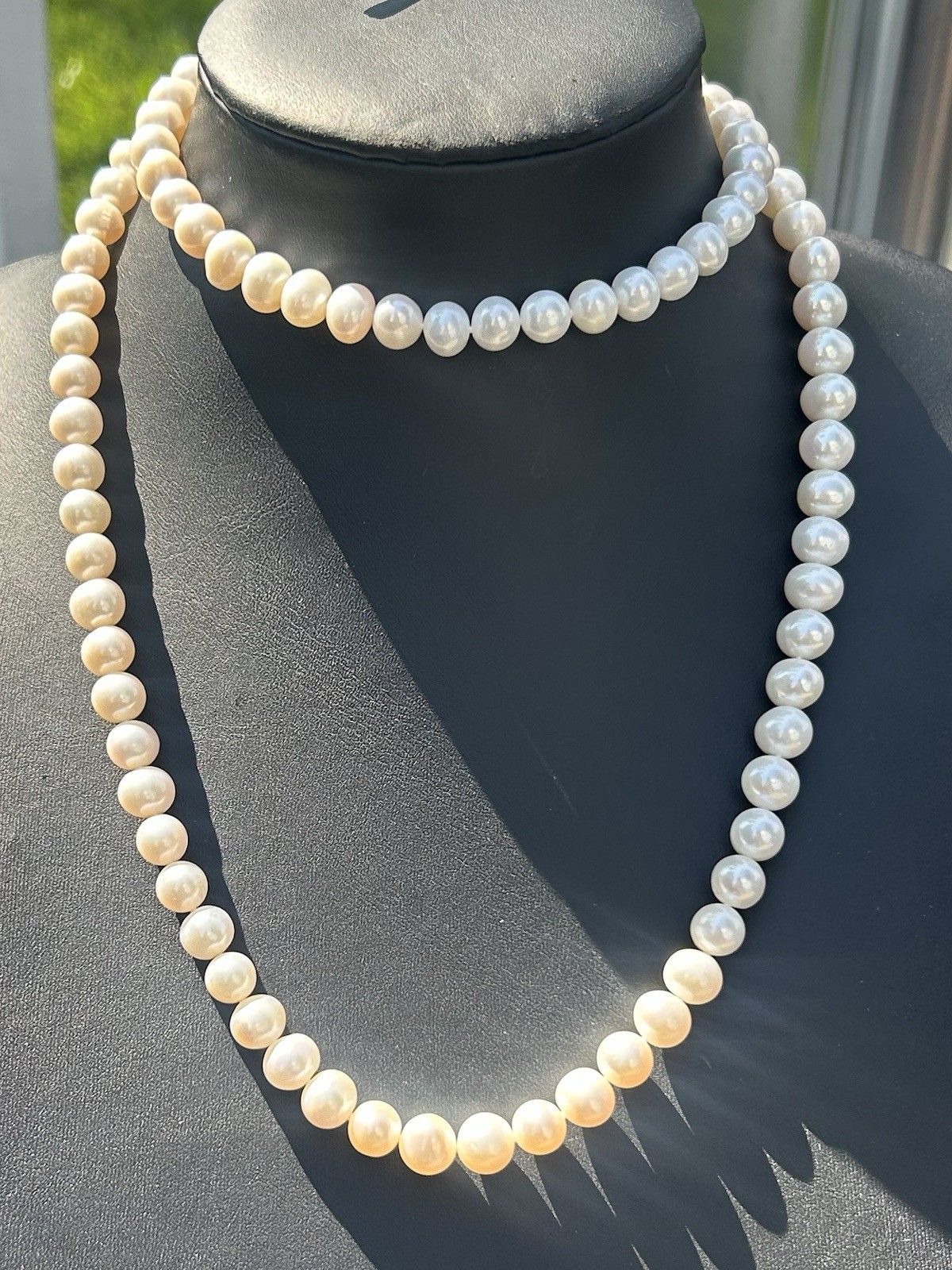 Vintage 34” Cultured Pearl Necklace 14K Gold Clasp Knotted 7.5-8mm Estate