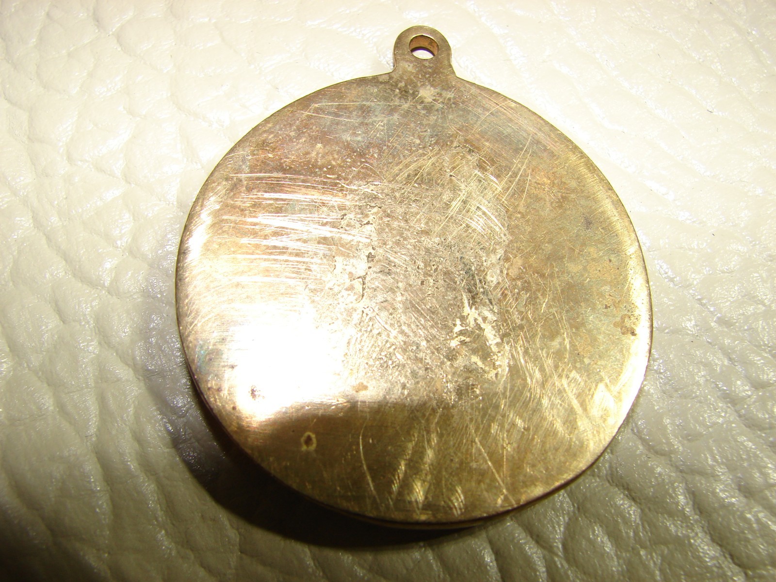 Vtg Copper Brass Saint Barbara Round Pendant w/ Red Ruby, 1 5/8″