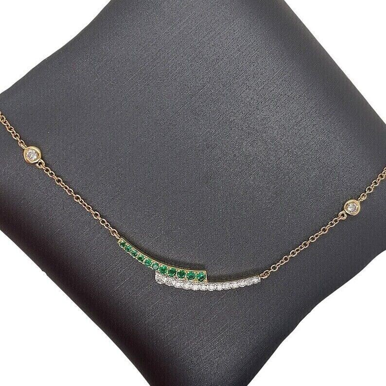 14K Yellow FN Lab Created Emerald Double Bar Charm Diamond By The Yard Necklace