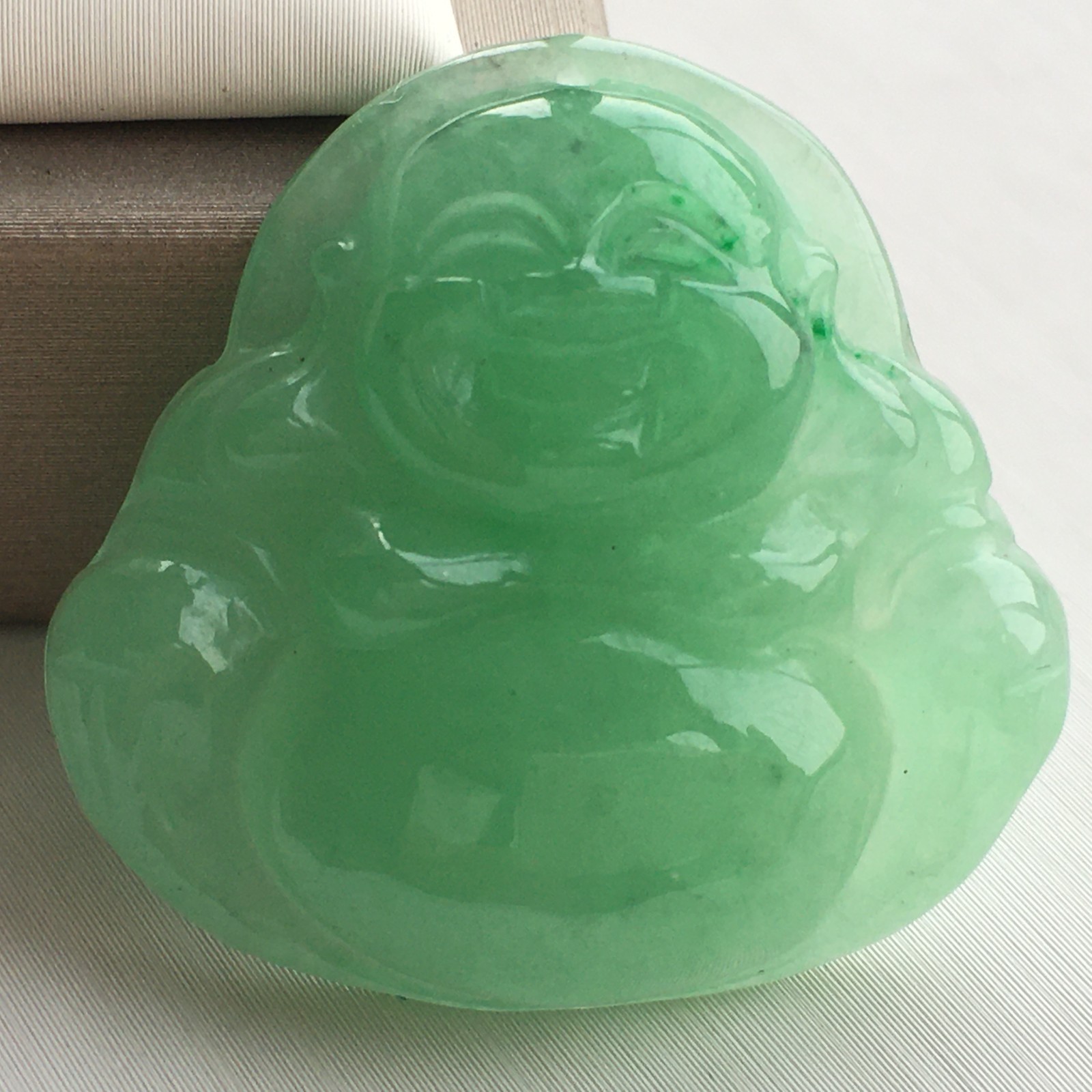 Natural Jadeite light green Carved Smiling Buddha Lucky amulet jade Pendant 笑佛9