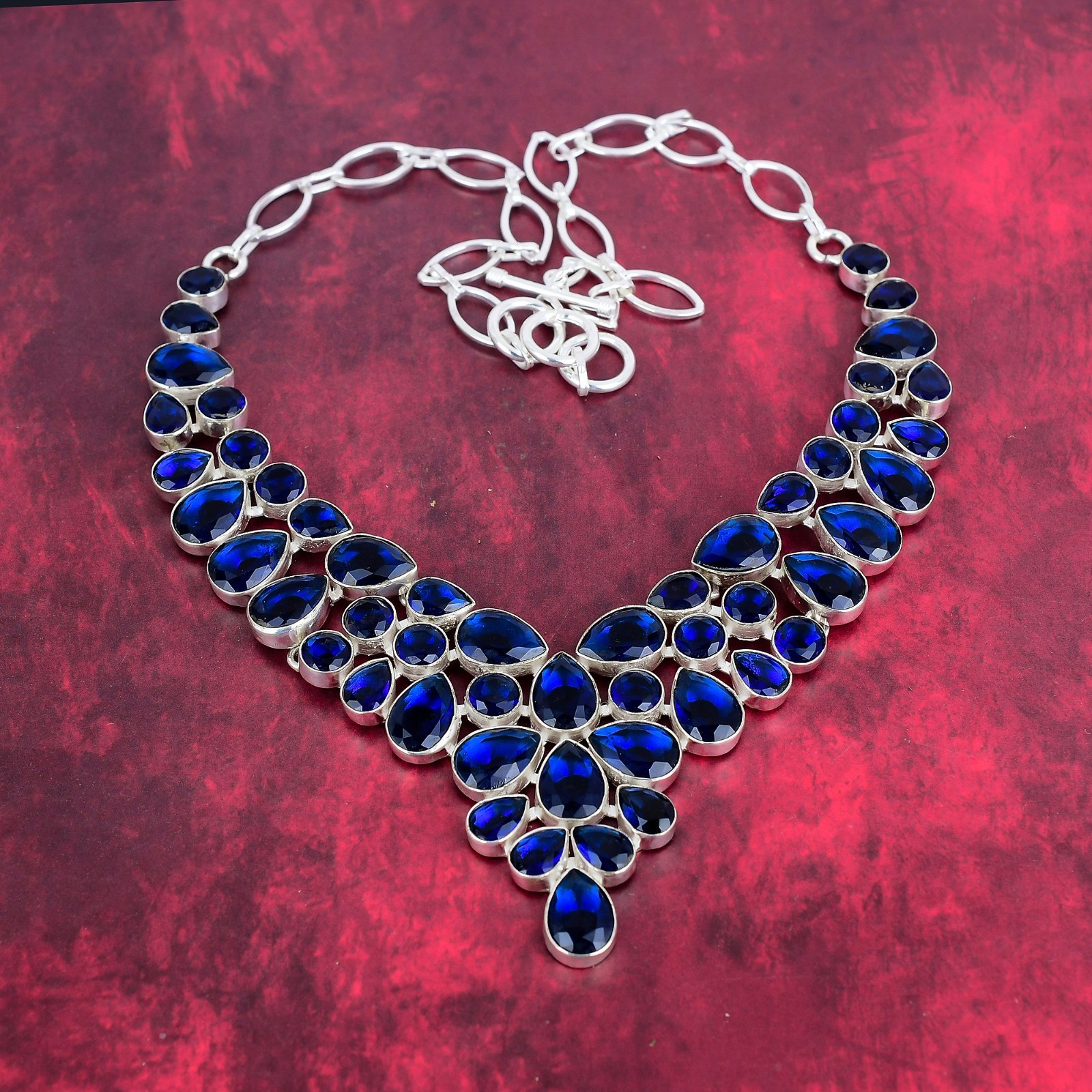 Blue Sapphire Lab-Created Handmade Gemstone 925 Sterling Silver Necklace Jewelry