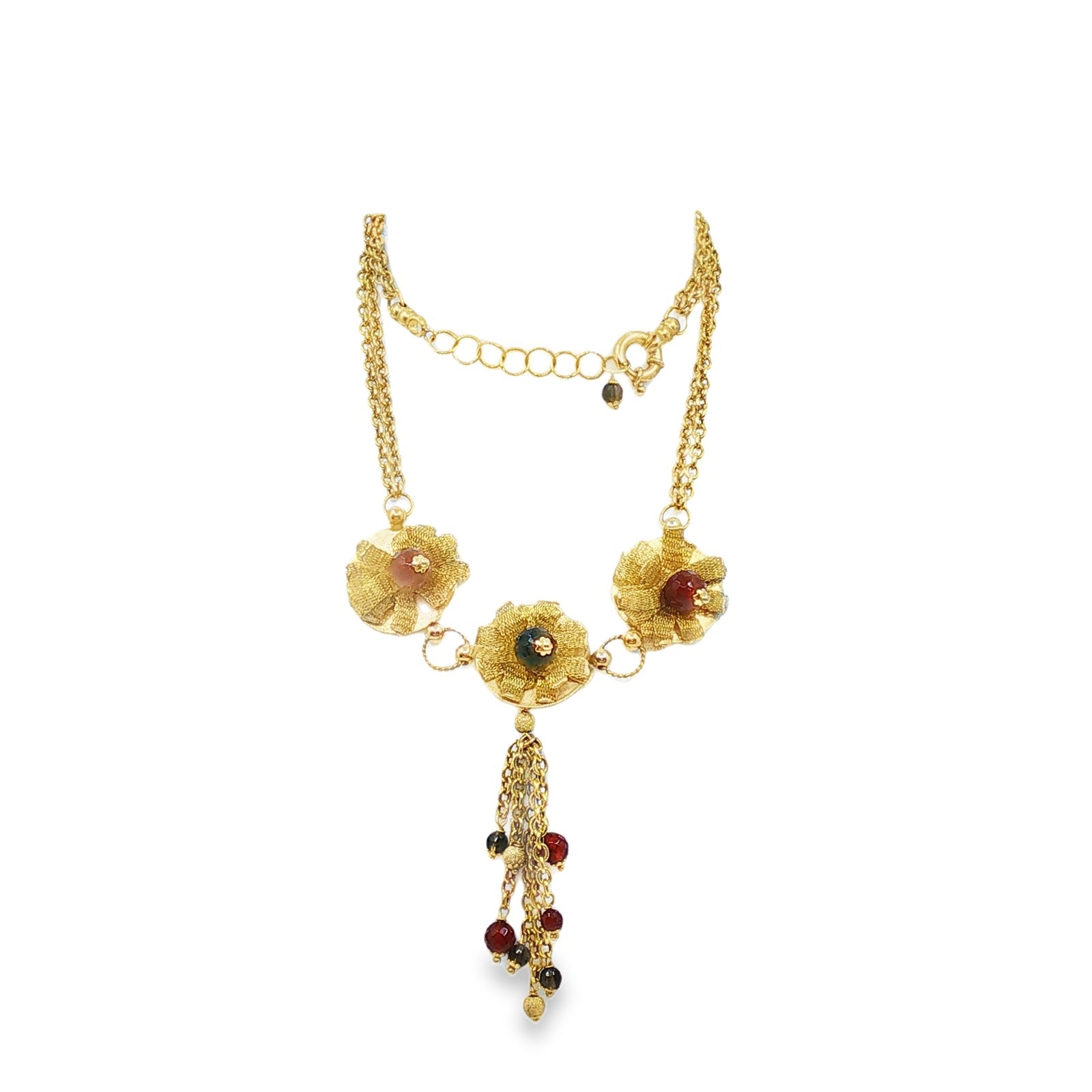 Vintage 14k Yellow Gold Floral Motif Plastic Beaded Tassel Necklace 19″